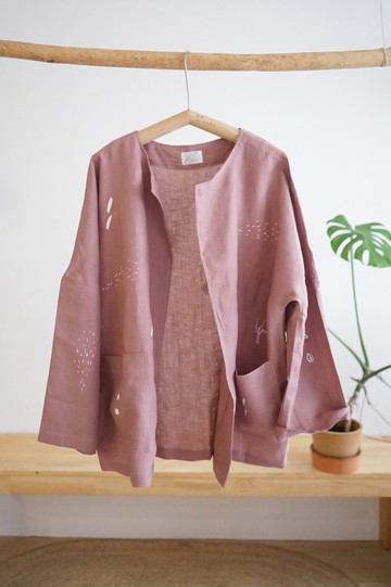 小樹、小狗、彎彎月亮、雨滴亞麻口袋輕鬆罩衫外套