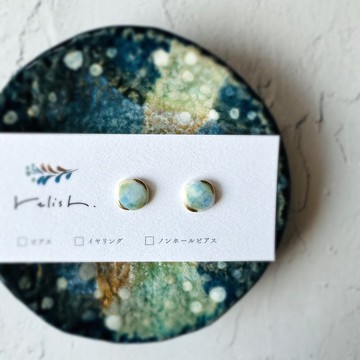 【再販】淡雅色彩 手繪方形陶瓷 金繼耳飾 無耳洞耳夾 簡約 小巧 金色 藍色 淺藍 綠色