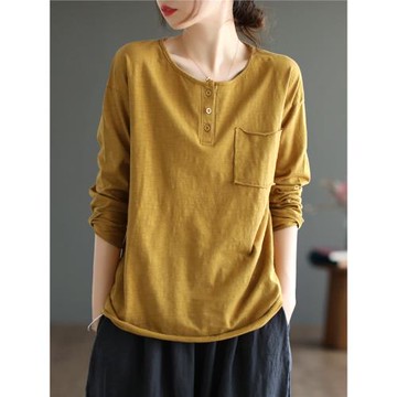 長袖t恤女2023年新款秋季寬松大碼純色打底衫顯瘦百搭竹節棉上衣