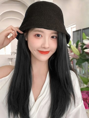 戴帽子假髮一體時尚百搭爆款女春秋模擬長直發自然全頭套式