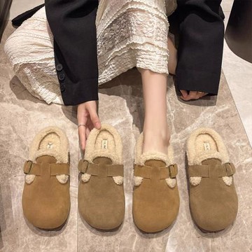 勃肯鞋加絨毛毛拖鞋女外穿2025新款秋冬季一腳蹬懶人平底包頭棉拖
