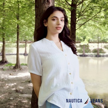 Nautica 女裝 純棉柔感氣質短袖襯衫-白色