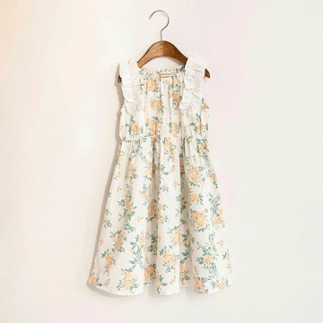 日本 BRANSHES - 100%棉 荷葉肩背心洋裝-花朵-象牙白