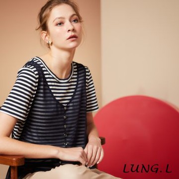 LUNG.L林佳樺 藍白條拼接雪紡背心假二件棉質短袖女裝上衣LS84A