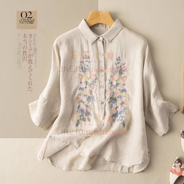 襯衫亞麻襯衣文藝復古刺繡棉麻上衣女士寬松白色短款時尚百搭夏季新款【倪醬】
