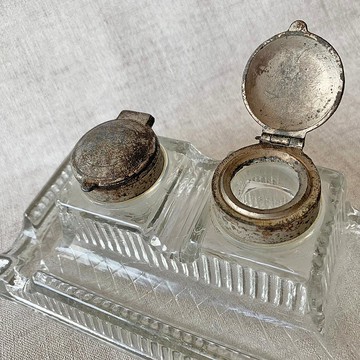 英國 古典玻璃雙墨水座台 Ink stand 文具 穩固 珍稀 古件 收藏