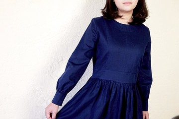 復古微收腰長洋/ 深藍棉麻