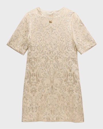 Girl's Short-Sleeve Brocade Dress, Size 8-12