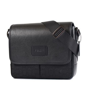 COACH 男款 緹花LOGO拚皮革翻蓋斜背包-純黑