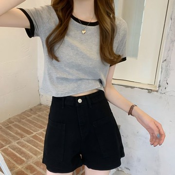 夏季T恤女上衣女短袖短板上衣T恤女 修身大尺碼 日系撞色短袖T恤女2022夏季新款韓版顯瘦百搭學生短款圓領上衣ins