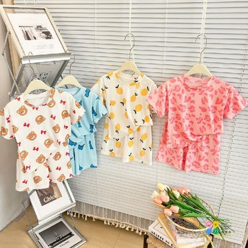 童裝冰絲兒童短褲套裝夏季短袖短褲3-8歲柔軟空調服寬鬆印花短款兒童睡衣套裝短袖睡衣兒童短袖睡衣夏季睡衣家居服套裝夏季居家