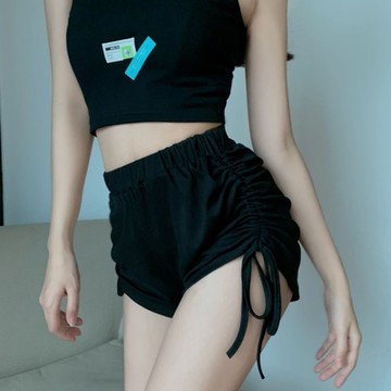 La Belleza素色鬆緊腰側抽皺抽繩西裝料滑料短褲