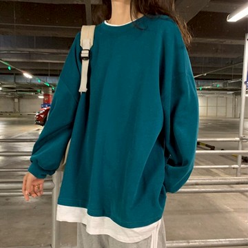 ins超火網紅假兩件衛衣女春秋韓版waitmore慵懶風bf寬松百搭上衣