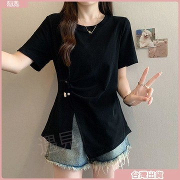 限時特價💕大碼韓系設計感圓領短袖T恤女夏季胖mm顯瘦不規則下襬休閒風上衣