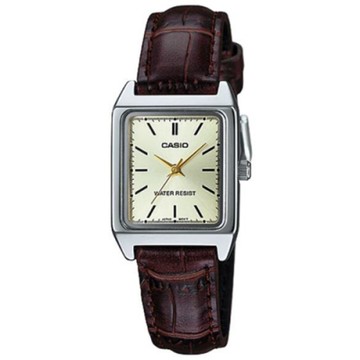 CASIO 方形簡約風指針皮帶腕錶-咖x黃面(LTP-V007L-9E)/18mm / 考試錶