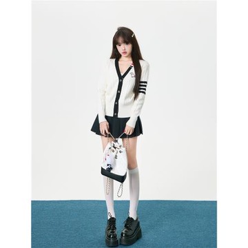 笨比甜Sweety 休閑學院風小狗刺繡V領針織衫女秋冬毛衣開衫外套