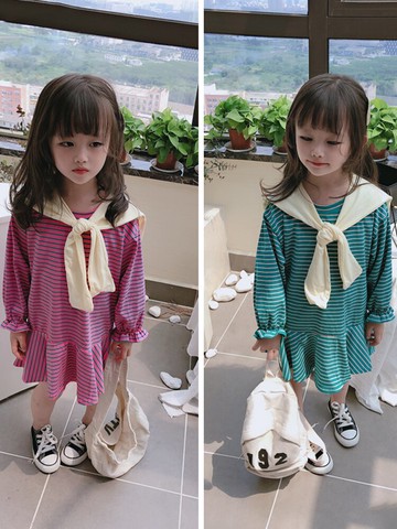 秋季童裝新款 兒童荷葉邊裙子 女童寶寶披肩領女童條紋連衣裙1入