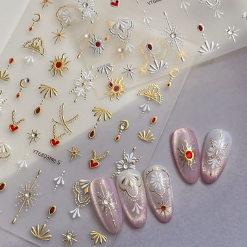 波西米亞風燙金星月貼鑽美甲貼紙 手繪風光療指甲裝飾 星星月亮金箔浮雕貼紙 美甲沙龍款 美甲diy材料 穿戴甲素材