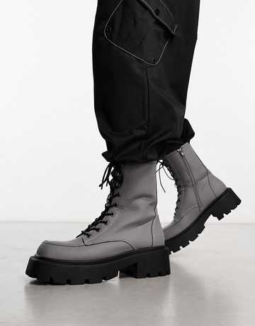 Truffle Collection square toe chunky lace up boots in grey
