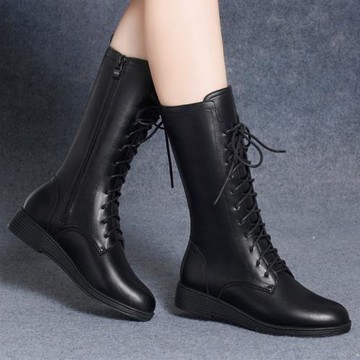 百麗班尼真皮不過膝長筒靴2025年新款秋冬英倫風馬丁靴加絨中筒靴