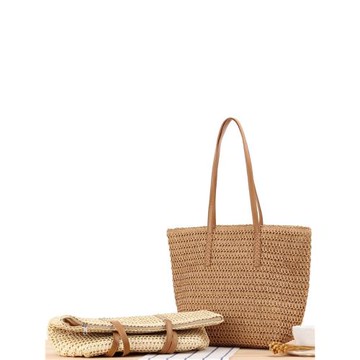 店長推薦新款純色簡約單肩草編包日韓編織包日常通勤休閑度假女包