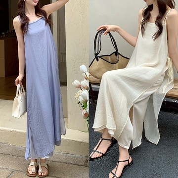 【HARPER】兩件式仙女系緞面透紗外罩洋裝 | 現貨 細肩帶洋裝 外罩 婚禮【DSC47018J】