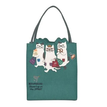 kUSUgURU JAPAN 日本眼鏡貓 一起逛街購物趣 手提包 雜誌包  藍綠色  23 x 12 x 25cm 提把40cm