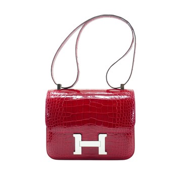 Hermes 展示品 Constance 亮面鱷魚皮銀釦肩背包-24cm(95法拉利紅)
