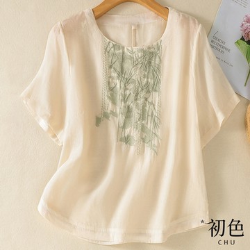 初色 棉麻風緹花刺繡圓領短袖T恤上衣女上衣-杏色-35932(M-2XL可選)