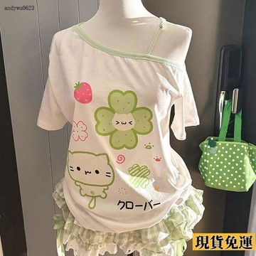 🌟全場免運🌟 日系套裝  短袖  + 短裙 撞色印花休閒2026 夏季 小衆多巴胺顯瘦T恤 上衣