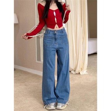 復古雙扣直筒牛仔褲女春季口袋設計水洗高腰寬松百搭拖地闊腿長褲