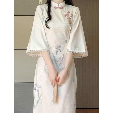 【桃喜Rich女裝】花邊鳶尾國風旗袍 春季新款改良旗袍 新中式花朵倒大袖年輕少女長裙 優雅洋裝