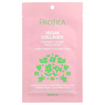 Pacifica, 補水豐盈美容面膜，全素膠原蛋白，1 片面膜，0.6 液量盎司（18 毫升）