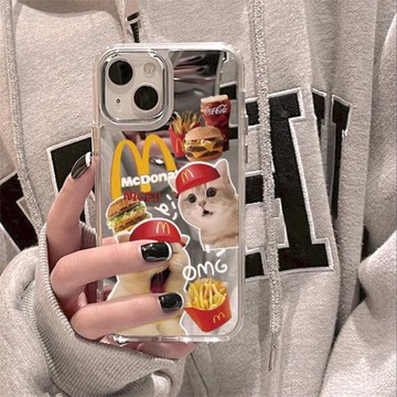 可愛16M記薯條貓狗情侶15適用蘋果14Promax手機殼12鏡面iPhone13補妝鏡11超萌xr少女xs個性8p防摔男女漢堡潮7