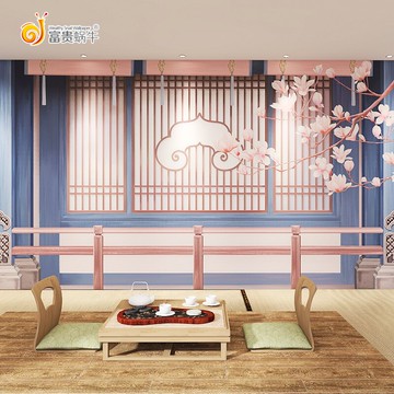 3D手繪古風窗戶建筑墻紙中式飯店茶室網紅拍照背景漢服換裝館壁紙