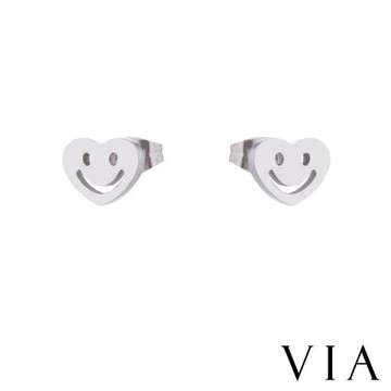 【VIA】時尚系列 愛心笑臉造型白鋼耳釘 造型耳釘 鋼色