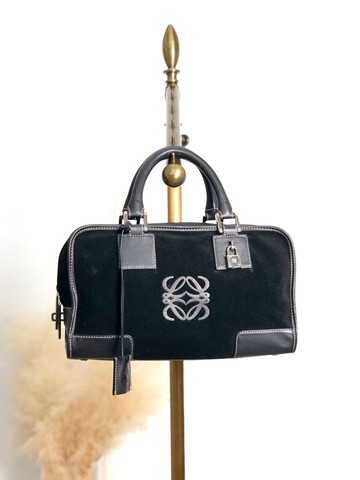 【 日本直送 名牌中古包 】LOEWE 羅威 手提包 黑色 Amazona 28 麂皮 迷你波士頓包 vintage 古董 cbreh6