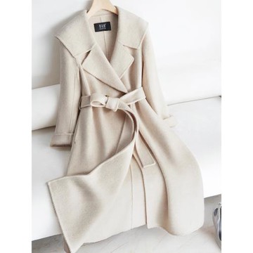 米白色雙面羊絨大衣女中長款翻領修身顯瘦羊毛呢外套2025秋冬新款