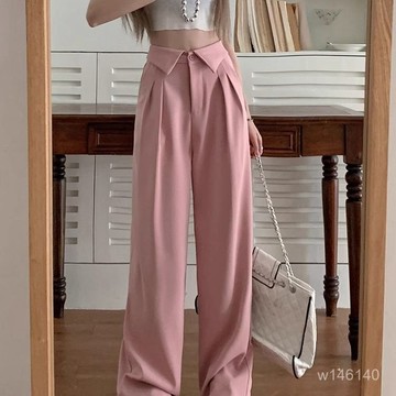 【臺灣出貨】翻領設計感 休閒褲 2025夏季西裝褲女 寬鬆大碼胖mm 顯瘦直筒闊腿褲 涼感褲女 透氣長褲 韓版褲子 上班