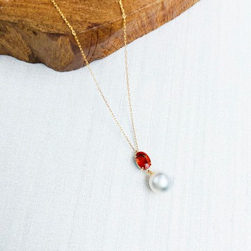 鎖骨間奢華  錳鋁石榴石 日本淡海珍珠垂墜 黃18K金項鍊 輕珠寶飾