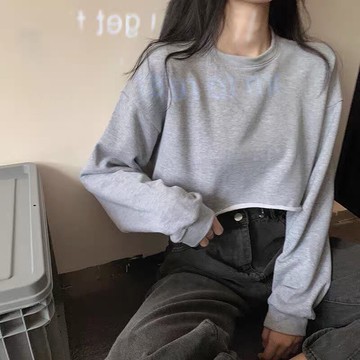 春秋薄款灰色衛衣女設計感小眾卷邊高腰露臍短款長袖上衣服潮