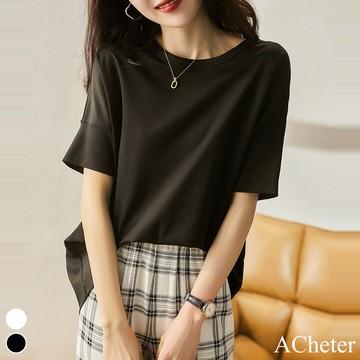 【ACheter】寬鬆百搭顯瘦經典黑白親膚新疆棉圓領五分短袖短版T恤上衣 # 116292(現貨+預購)