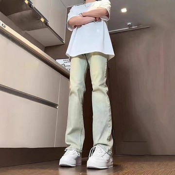復古牛仔褲男款夏季微喇叭褲直筒美式ins痞帥褲子高街水洗黃泥色鑫弘-衣錦男裝