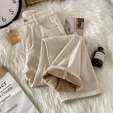 杏色加絨牛仔褲女年新款冬季高街褲子ins潮蘿卜褲秋冬直筒褲