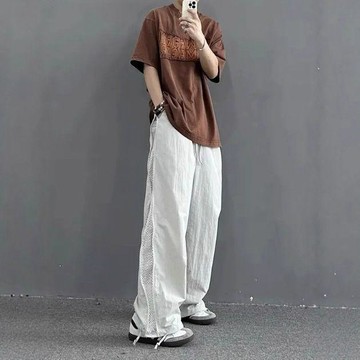 冰絲速干褲 工裝褲 純色速干休閒褲男款夏季網眼冰絲百搭工裝褲子側邊拉鍊闊腿登山褲0629