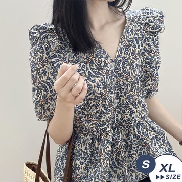 【 LANNI 藍尼】★時尚洋氣薄款短袖碎花上衣 (V領/襯衫/短袖)