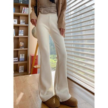 小個子米白色微喇褲女秋冬季高腰加絨休閑褲150cm顯高喇叭褲子xs