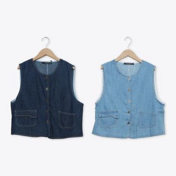 【MASTINA】無領牛仔背心 淺藍 深藍(魅力商品)