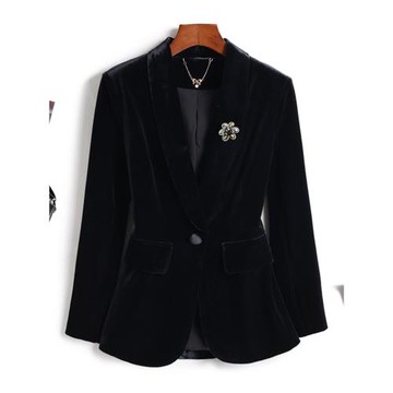 鼎奢級！匠心作！高級感山茶花胸針一粒扣顯瘦長袖絲絨西裝外套女