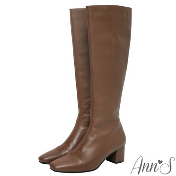 Ann’S優雅名媛收藏-全真皮顯瘦粗跟及膝長靴5cm-棕(版型偏小)